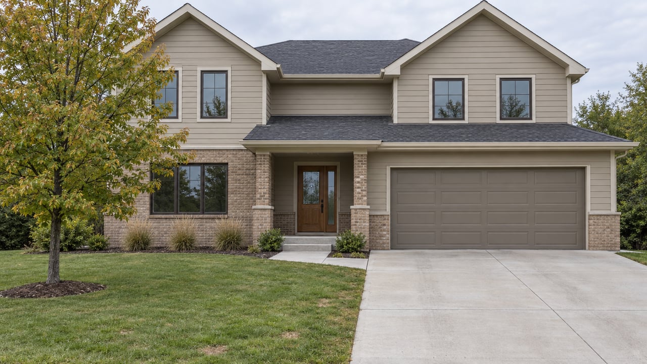 Two-story home with oatmeal siding, buff brick, a broad driveway and an autumn maple beside the front lawn.