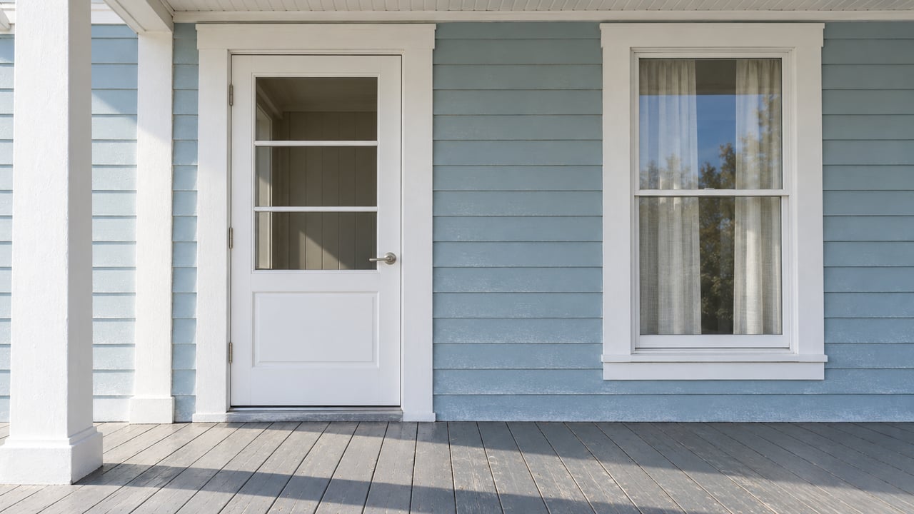 Morning light crosses pale blue siding, a white glazed entrance door and weathered gray decking on a sheltered raised porch.