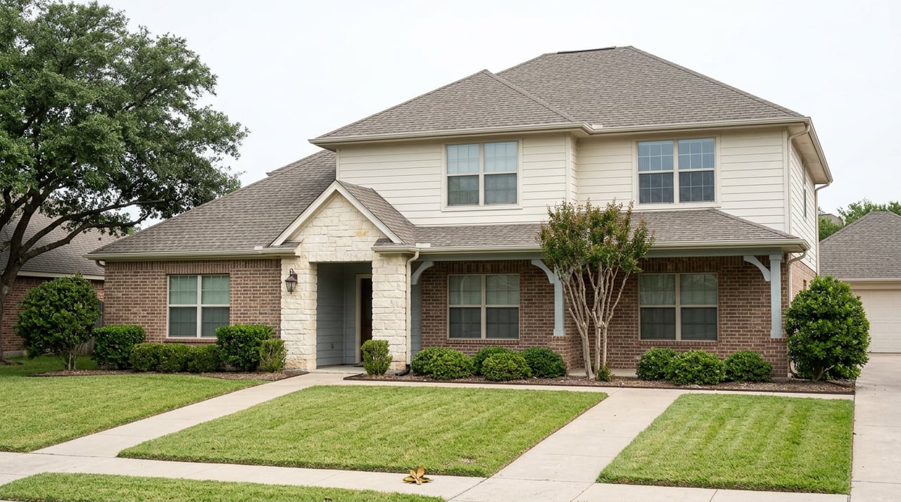 Two-story suburban house with brick and off-white siding, a covered porch, broad oak canopy, and lawn.