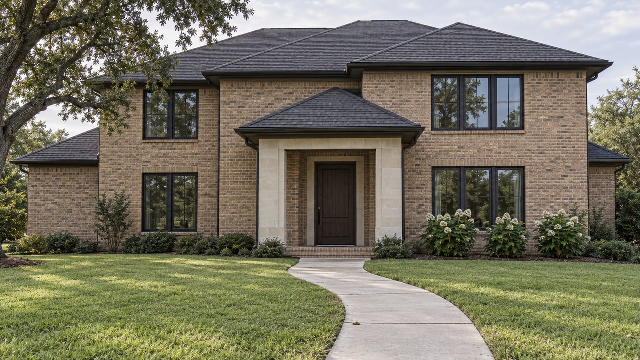 Two-story buff-brick home with a charcoal hipped roof, tall black-framed windows, a deep lawn and a curved concrete entry walk.