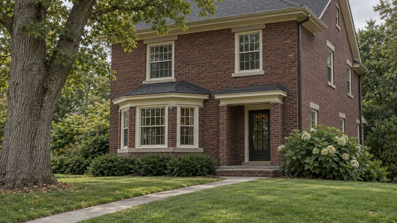 Two-story red-brown brick house with a three-window bay, cream trim, front lawn, concrete walk, and mature oak.