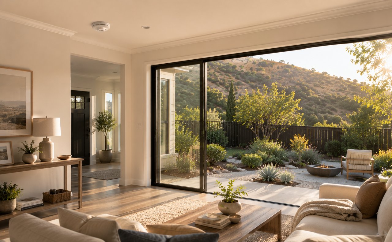 Bright living room with large windows overlooking a landscaped yard and brush-covered hillside in Southern California.