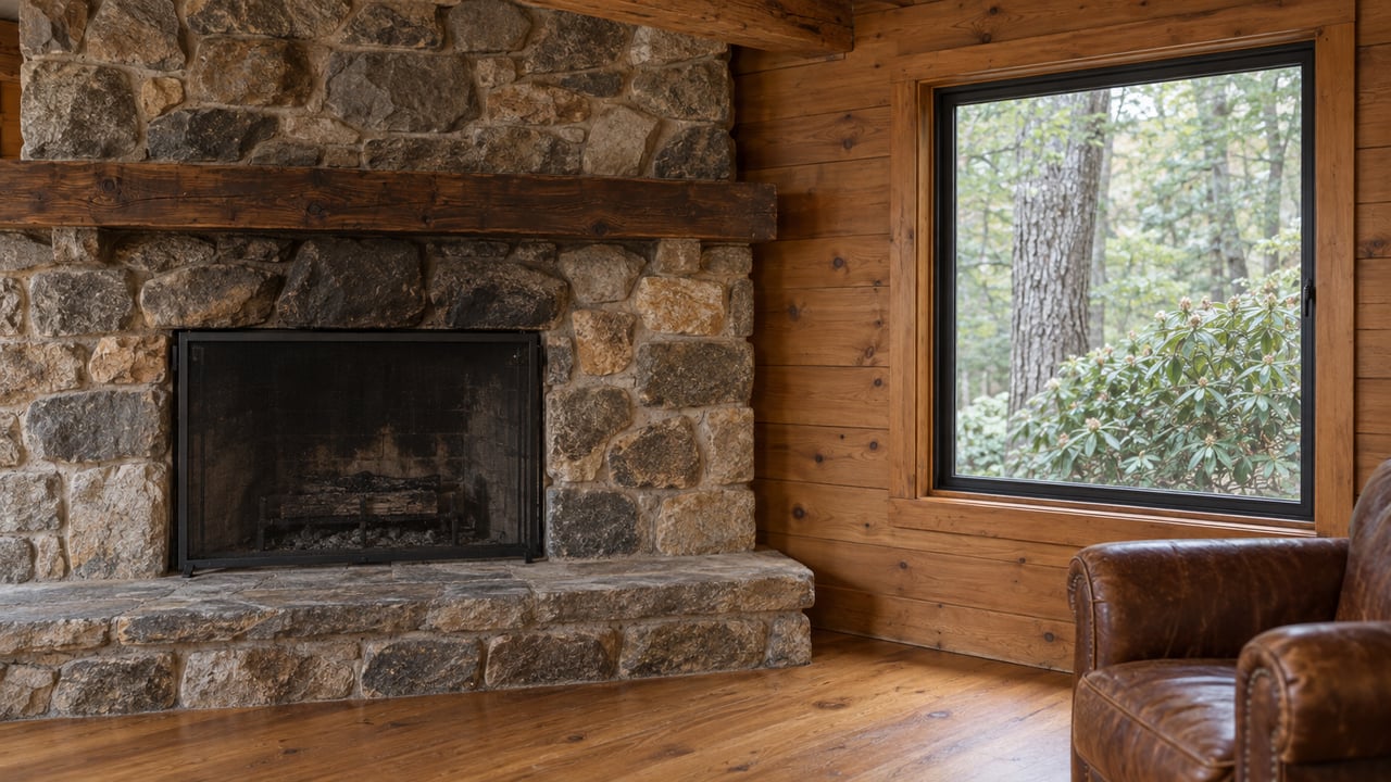Fieldstone fireplace beside a black-framed window in a timber cabin living room, with an oak floor and leather chair.