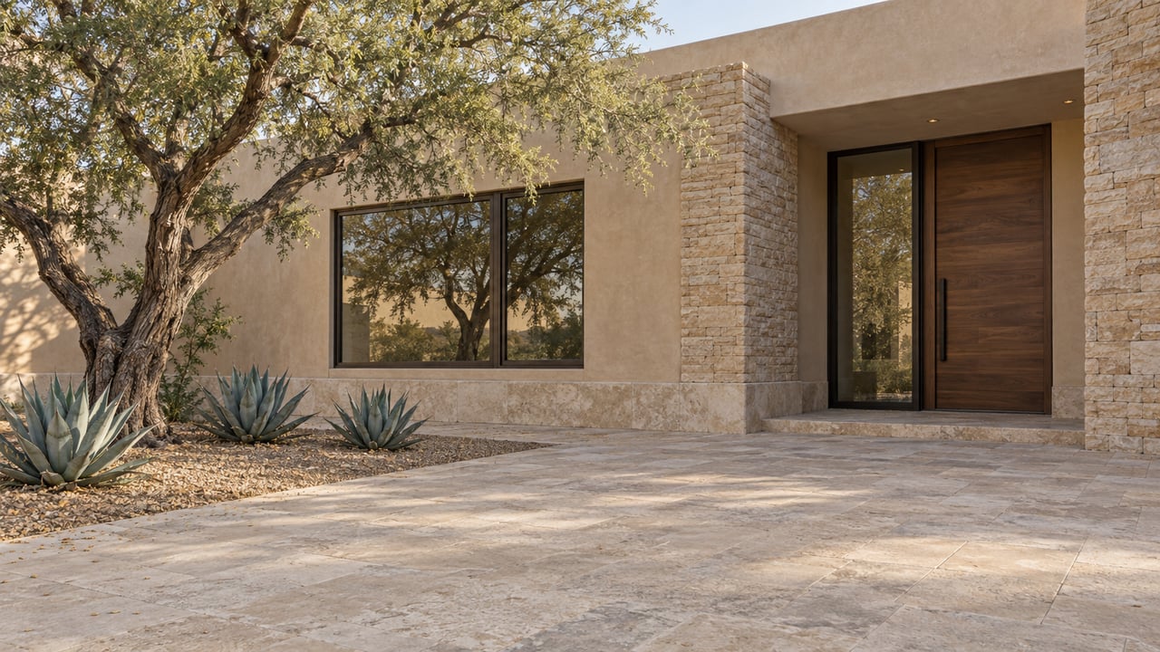 Sand-colored desert home with a recessed walnut door, broad limestone approach, and mature tree beside the entry.