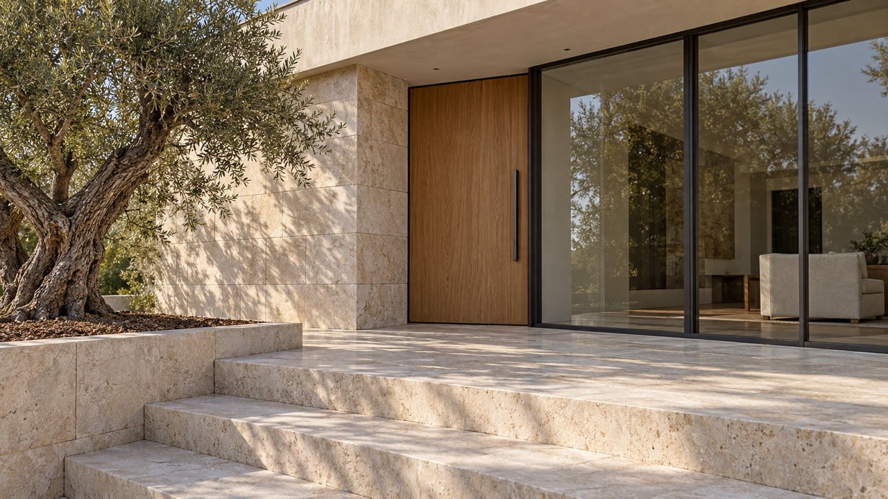 Limestone steps lead to a sheltered oak entrance beside steel-framed glass, with a mature olive tree at the edge.