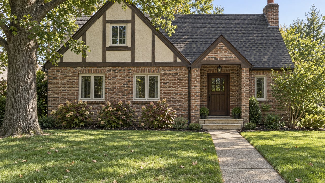 An established brick home with a steep gabled roof, cream casement windows, limestone entry steps and a broad lawn beneath a mature oak.
