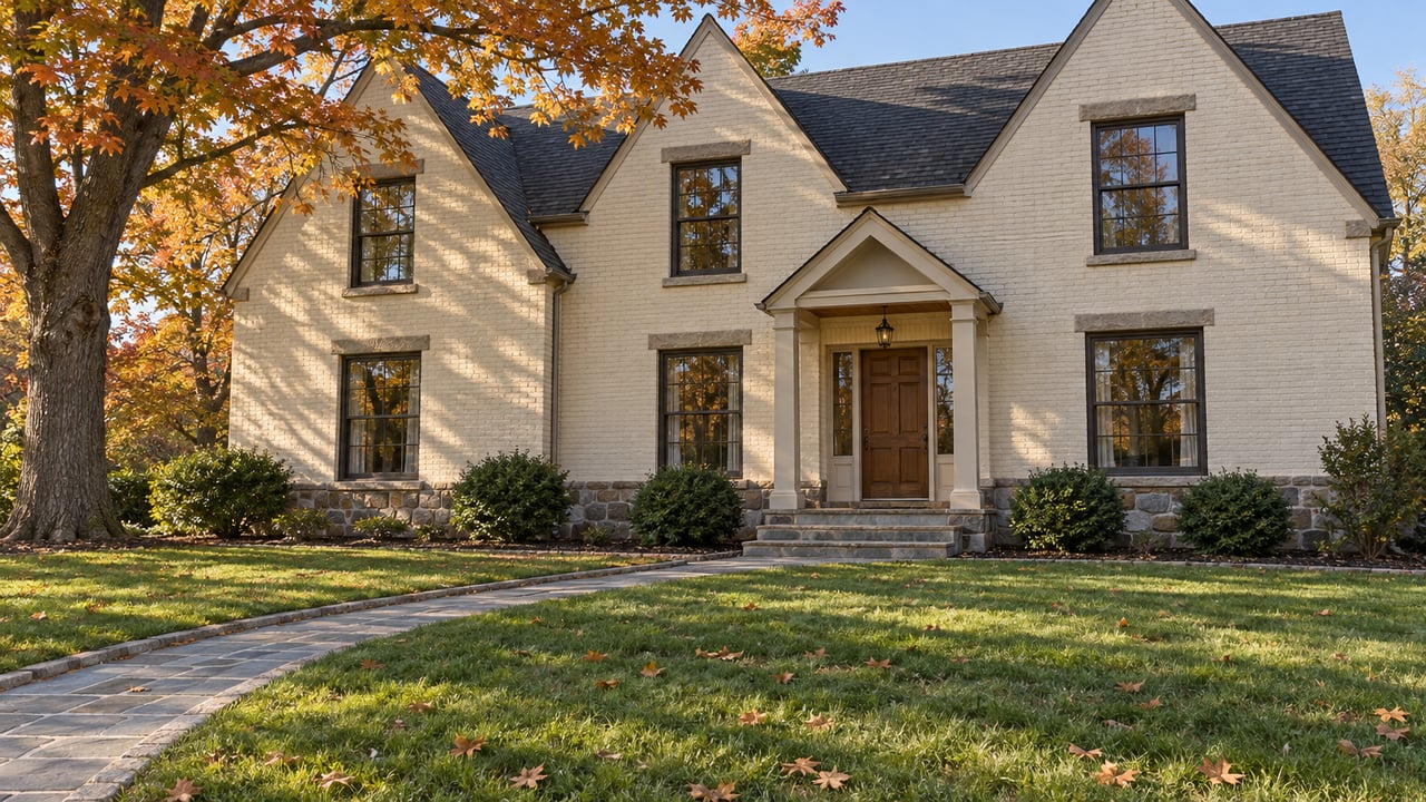 Cream brick home with steep dark gables, a stone entry walk and a broad autumn lawn beneath an amber-leaved maple.