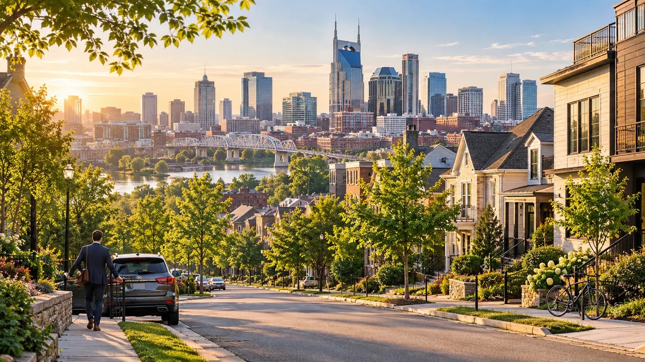 Nashville residential neighborhood with homes and the downtown Nashville skyline in the distance