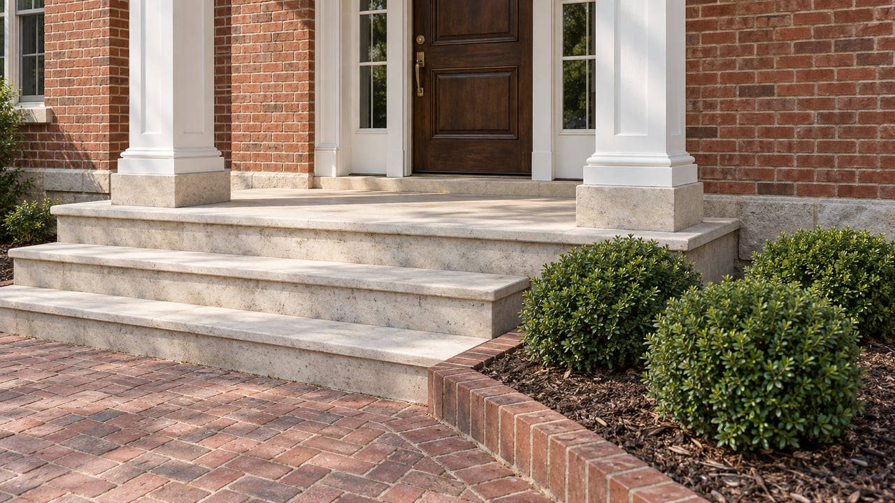 Brick home entrance with a dark wood door, paired white columns, weathered limestone steps and a brick-bordered boxwood bed.