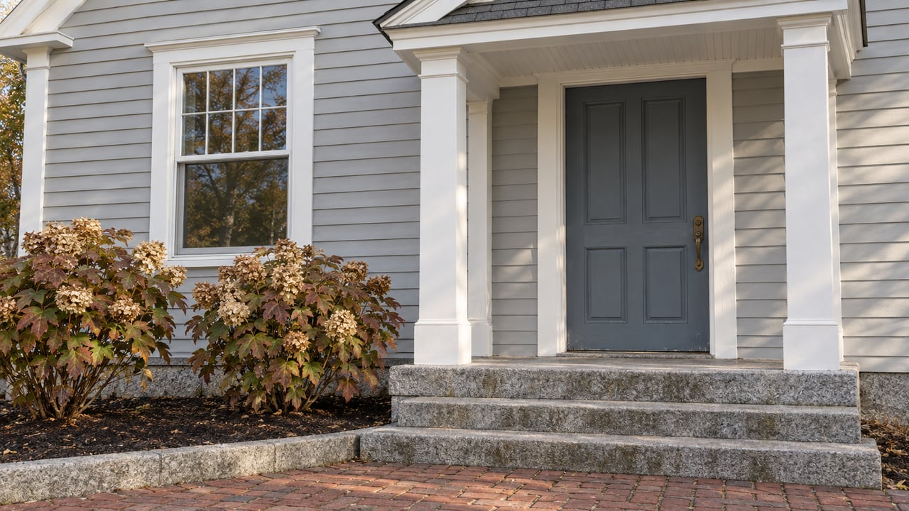 Pale-gray clapboard home with a slate-blue front door, white portico, worn granite steps and oakleaf hydrangeas beside a brick walk.