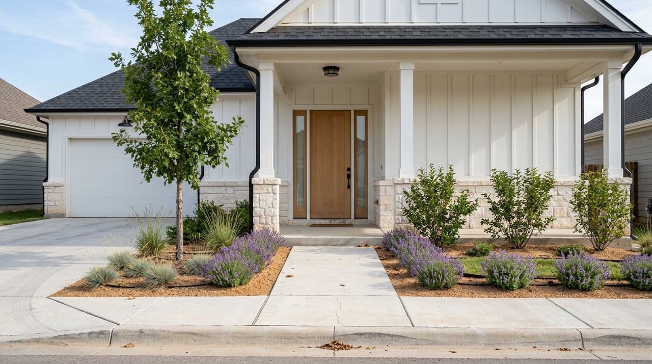Oak front door beside a stone base, white board-and-batten siding, and low xeric plants.