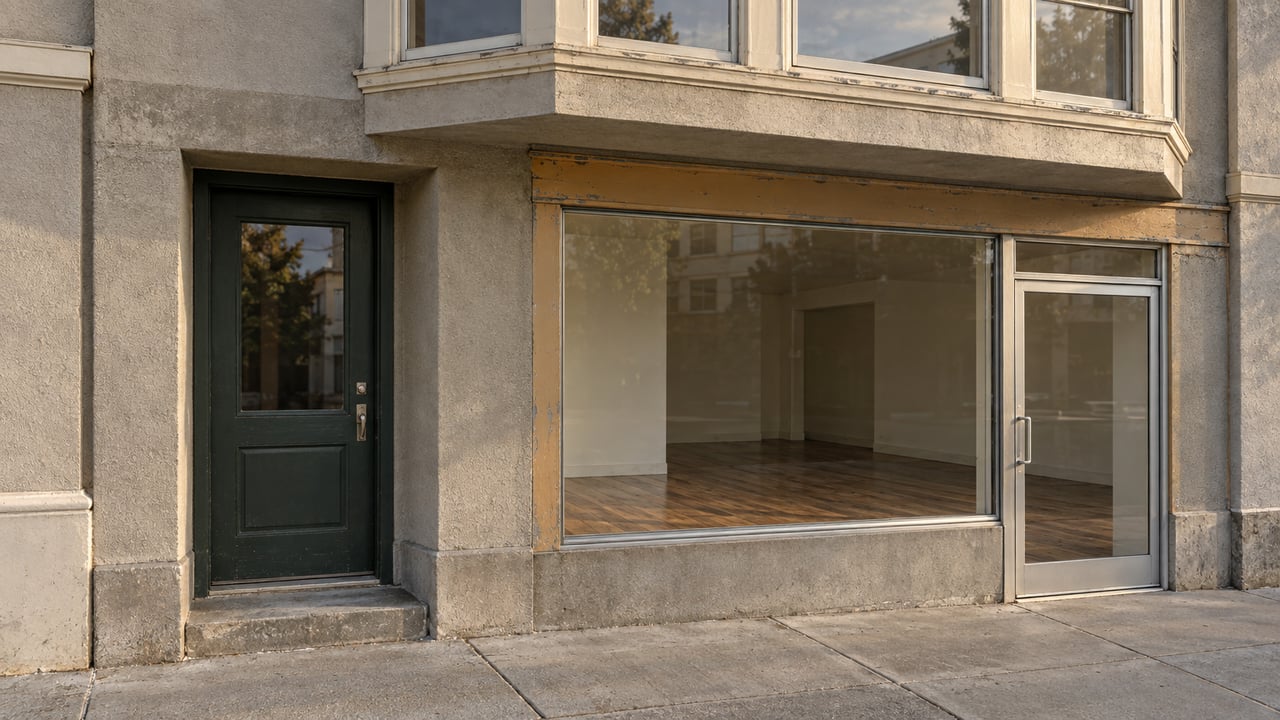 Vacant storefront with a large display window and glass door in a stone facade.