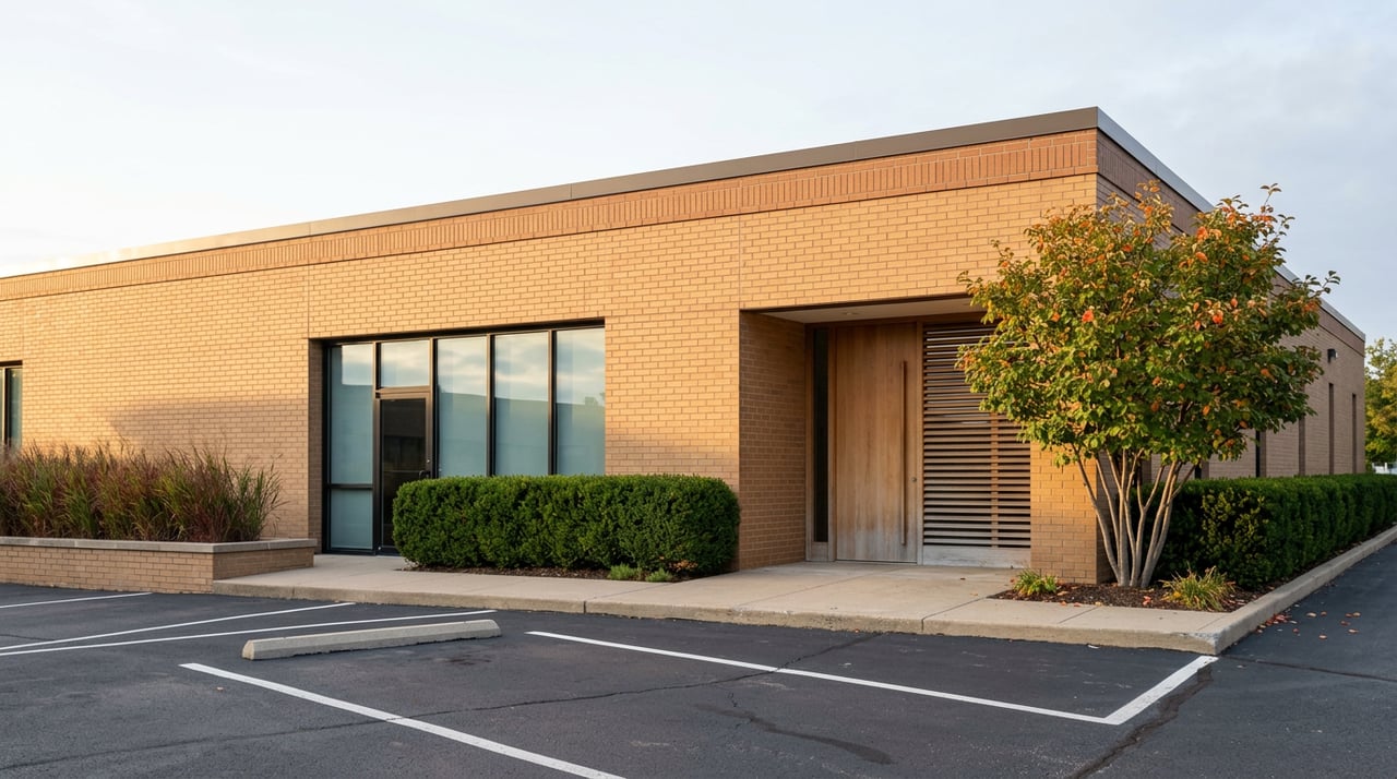 Single-story office building with sand-toned brick, black-framed glass, oak entry, and planted walkway.