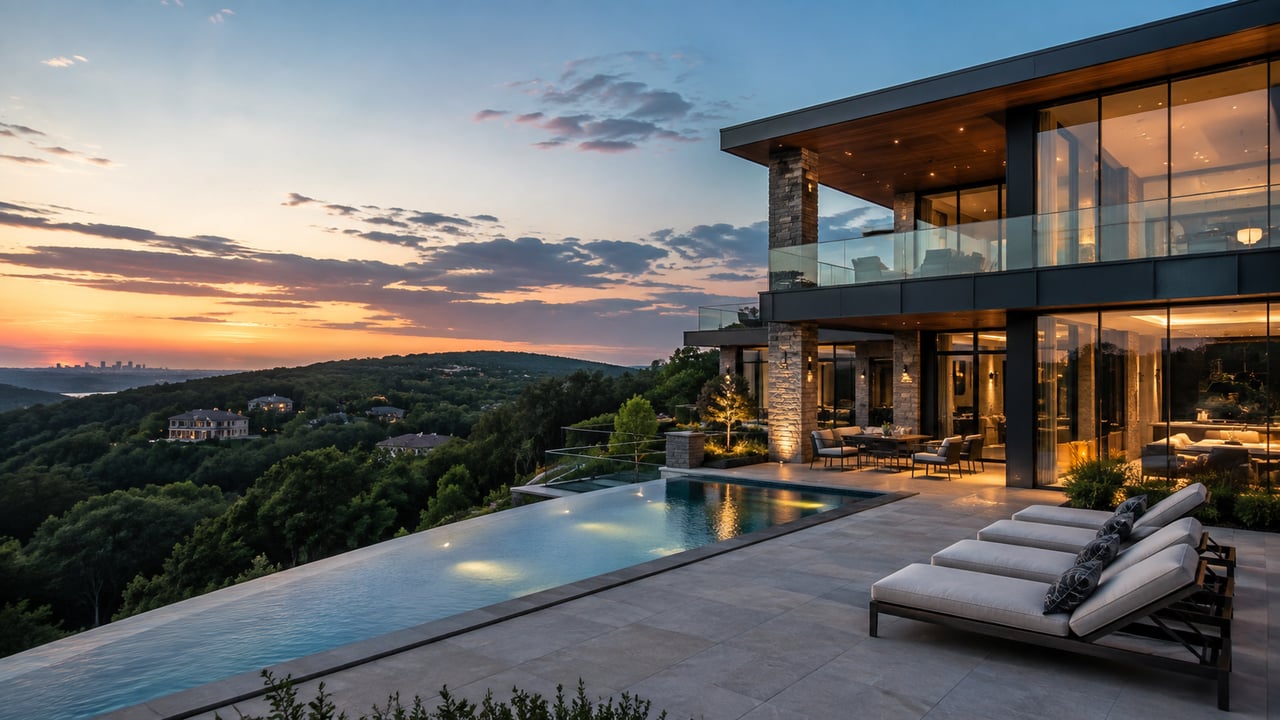 Contemporary luxury estate overlooking the Tennessee hills at sunset with floor-to-ceiling windows, an infinity pool, and upscale outdoor living spaces, representing the future of luxury living in Tennessee in 2026.