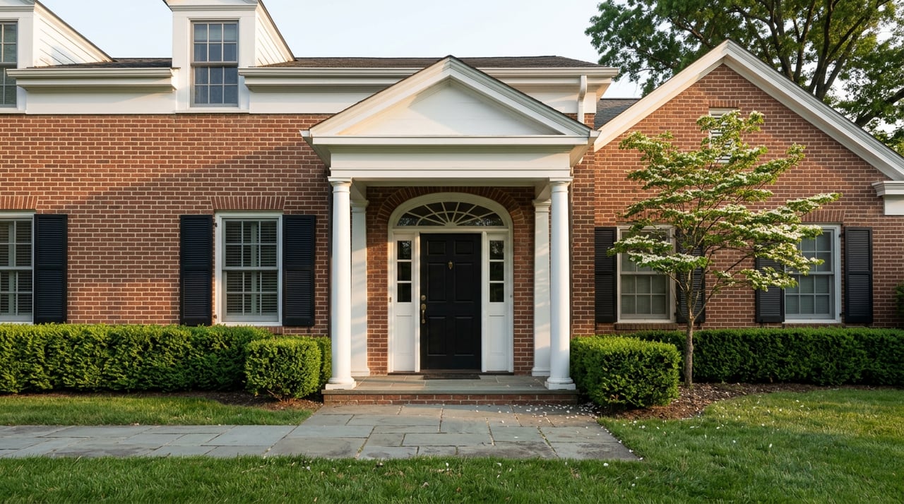 Red-brick Georgian home with a white columned portico, bluestone walk, deep lawn, and dogwood petals.