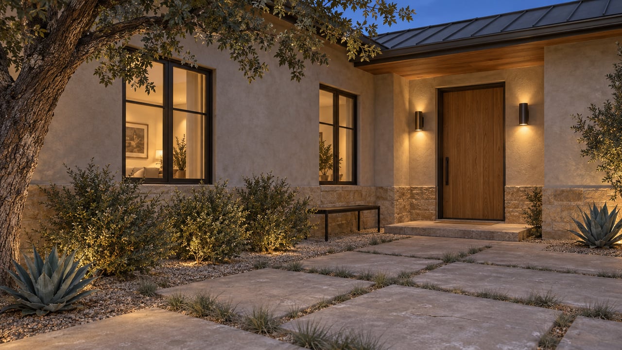 Renovated stucco house entry with a closed oak door, paired glowing sconces, sandstone base, and paver path.