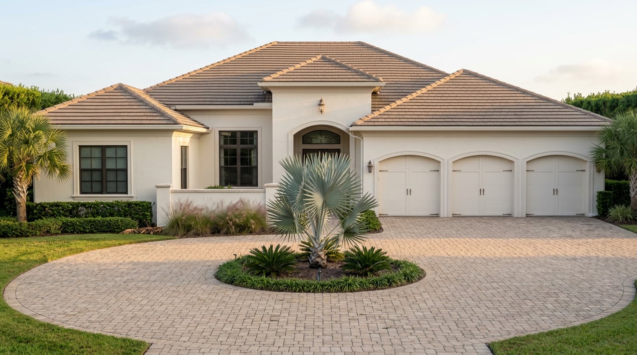 Raised view of a stucco home with a circular paver motor court, central silver-blue palm, and three-bay garage.