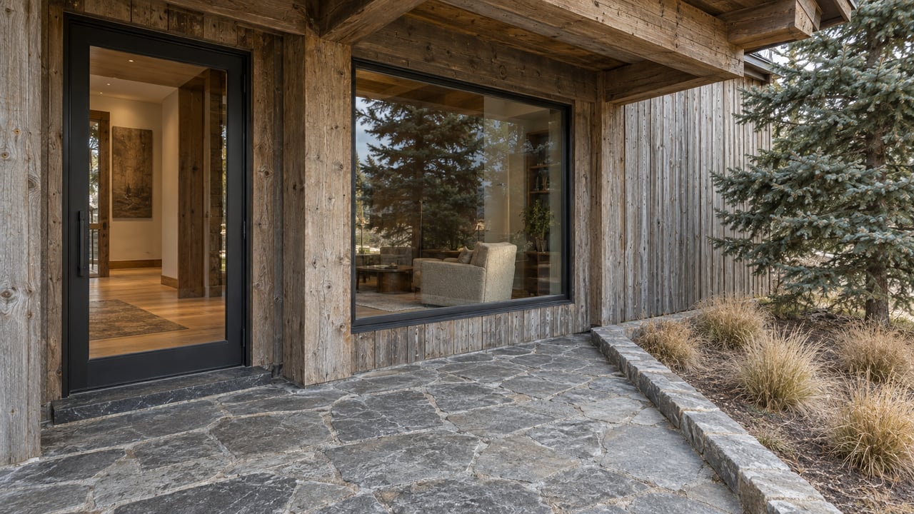 Weathered timber entrance with dark-framed glazing, a gray stone terrace and tawny native grasses beside a blue-green spruce.