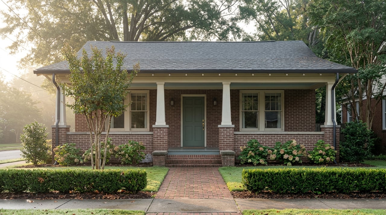 Brick bungalow with a deep porch, sage-green front door, clipped hedge, and brick walkway.