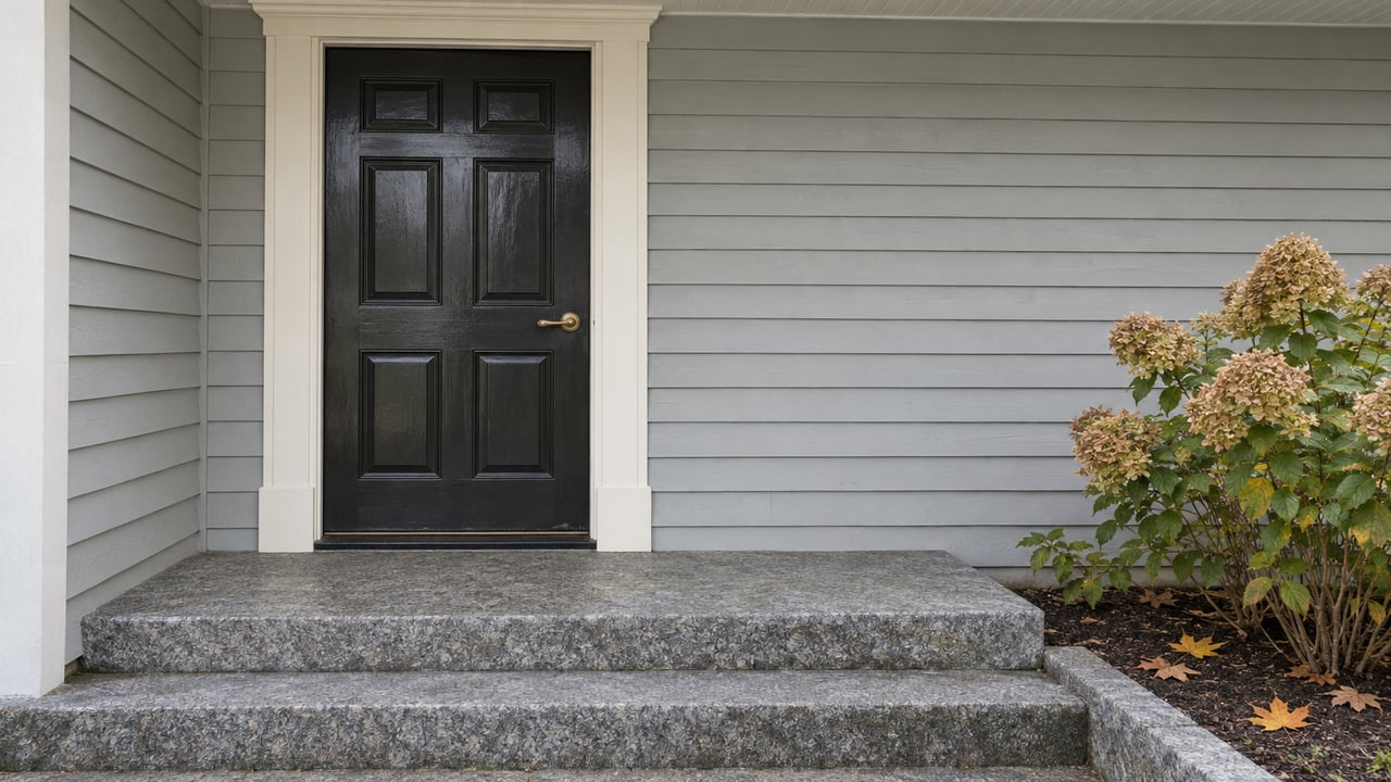 Glossy charcoal paneled front door framed by ivory trim, gray clapboards and worn granite steps beside faded hydrangea flowers.
