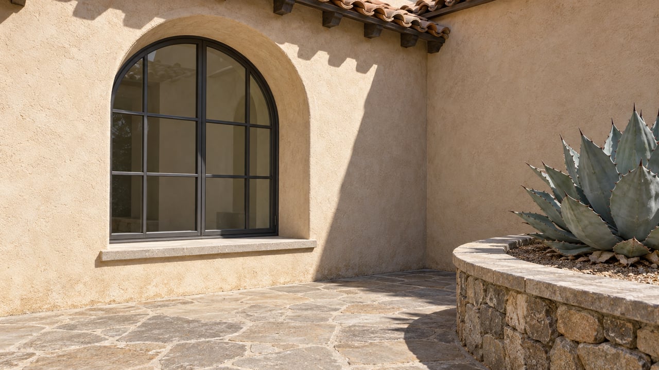 Sunlit stucco courtyard corner with a deep arched window, clay roof tiles, flagstone terrace and a blue-gray agave in a stone raised bed.