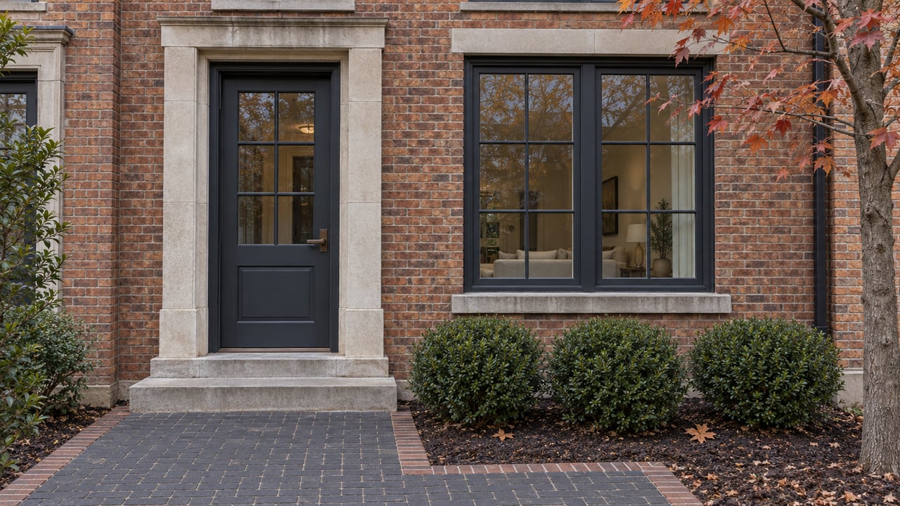 Brick residence with a limestone-trimmed entry, tall charcoal-framed window and an autumn maple beside a clay-paver approach.