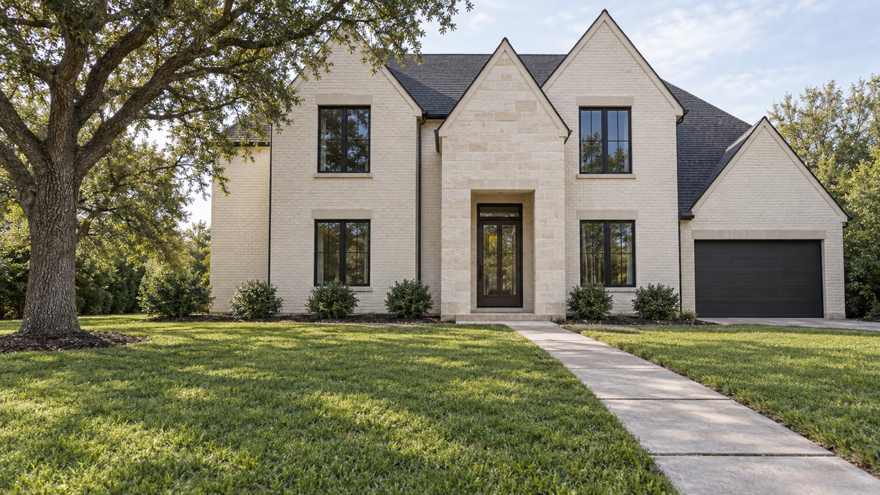 Cream brick and limestone home with steep dark gables, tall black-framed windows, a deep lawn and a mature spreading oak.