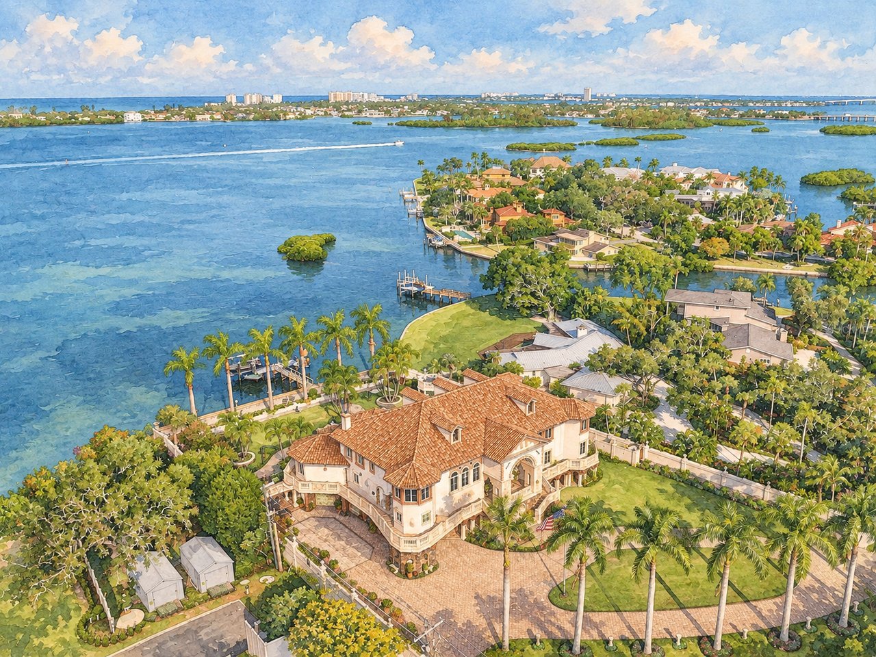 Aerial view of waterfront homes and docks along a broad bay, with palm trees and distant coastal buildings.