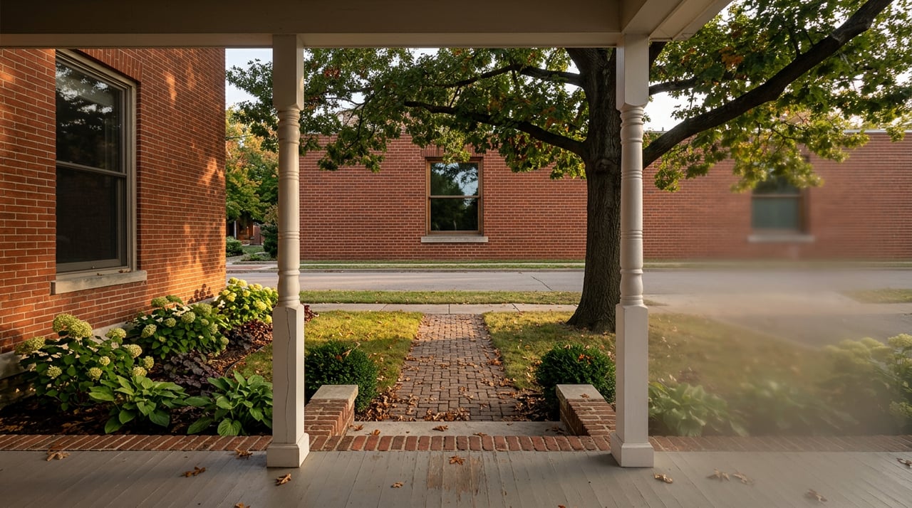 Brick porch framed by white columns, looking past a leaf-strewn path to a mature oak in autumn.