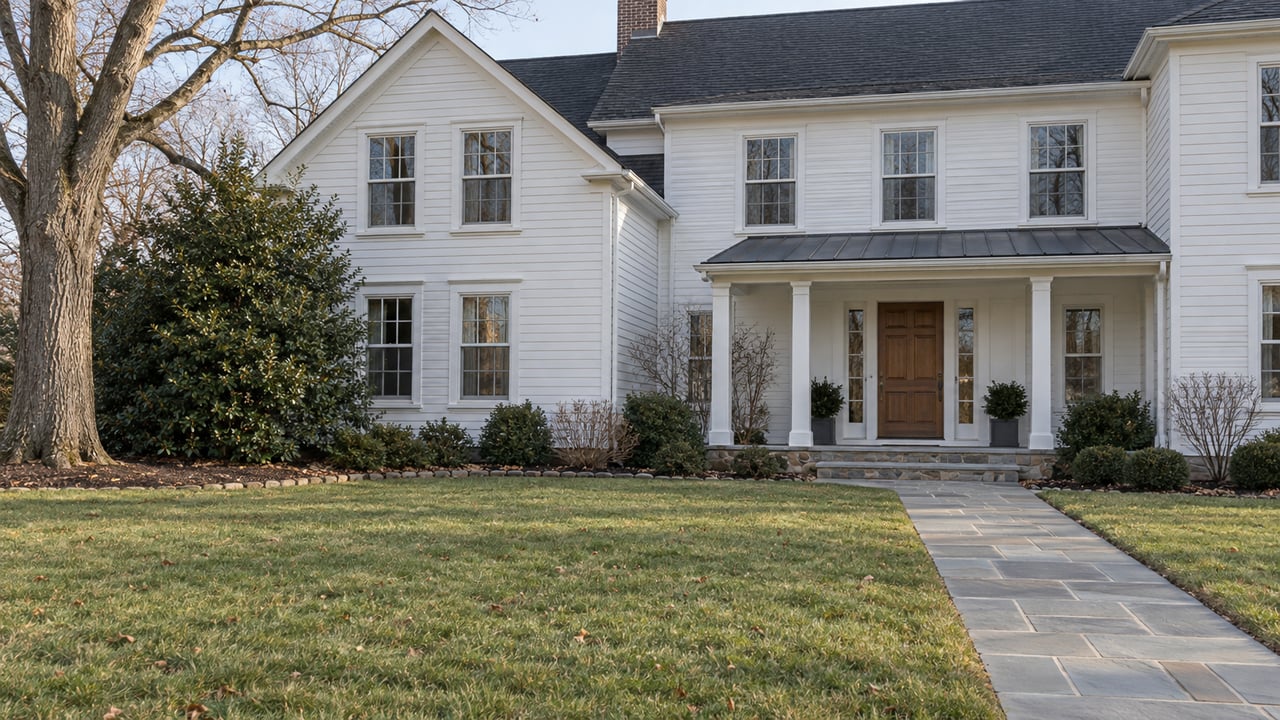 White clapboard home with a dark gabled roof, walnut front door and stone steps beyond a broad winter lawn, framed by a bare white oak and American holly.