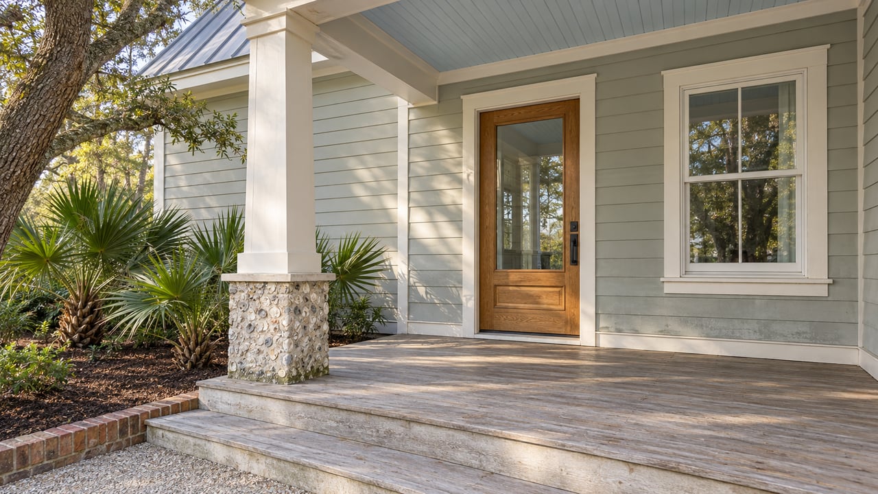 Pale gray-green home with a covered timber porch, glazed oak front door, shell-aggregate column base and native fan-leaf planting.