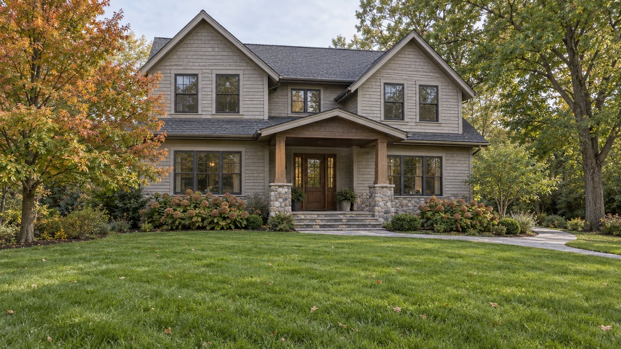Gabled cedar-sided home with a stone porch, broad front lawn and mature trees in early autumn light.