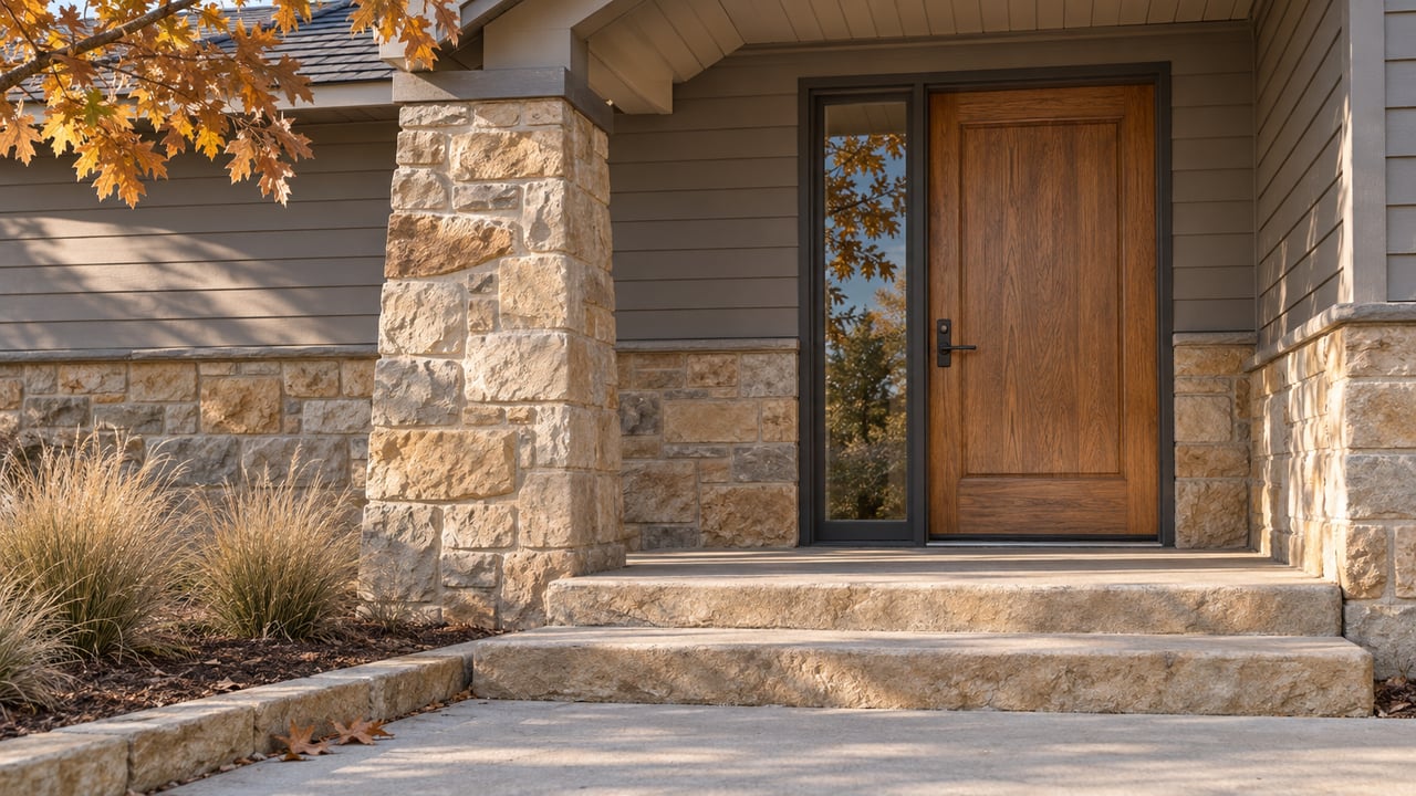 Autumn light on a sandstone entry pier, oak front door and broad stone steps beneath a gabled porch.
