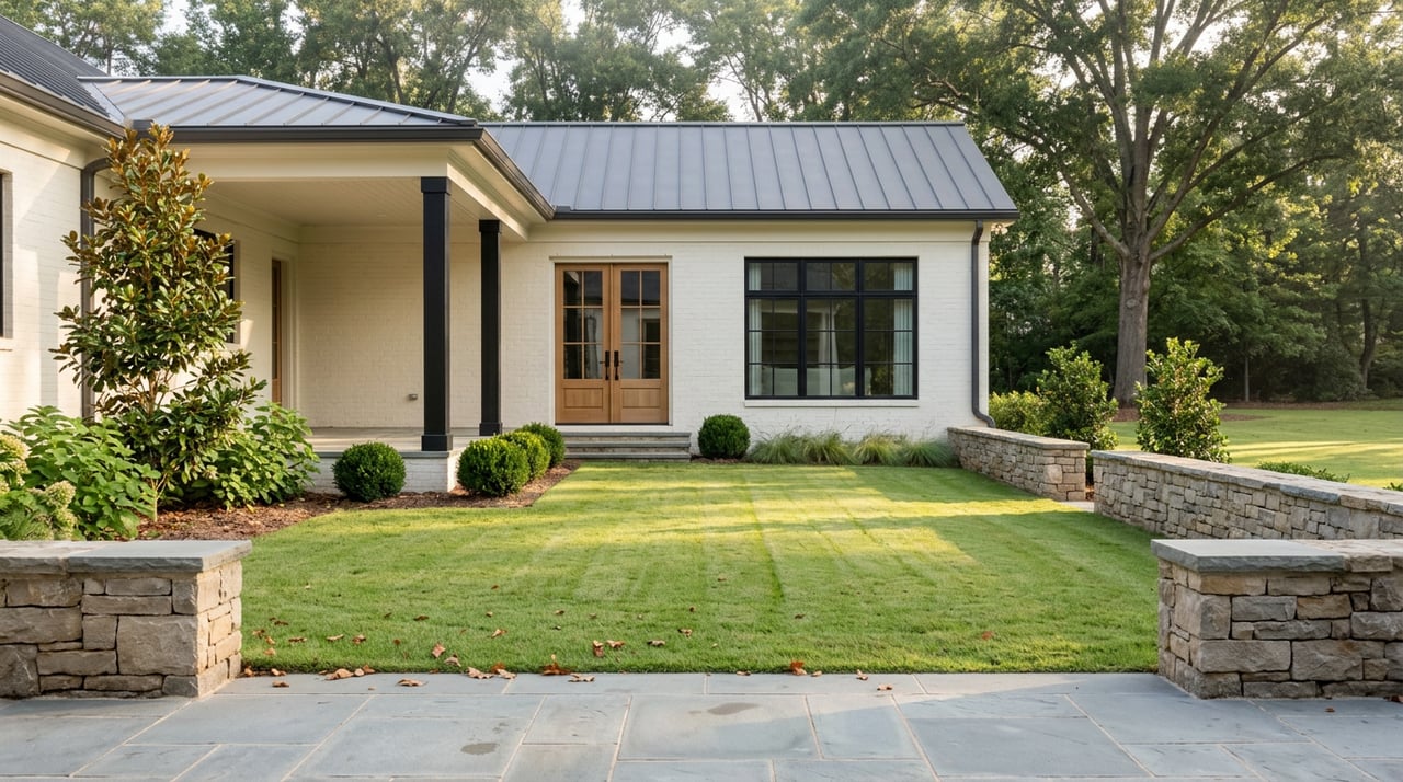 Ivory-brick home with black-framed French doors beyond a broad lawn, stone terrace, and mature trees.