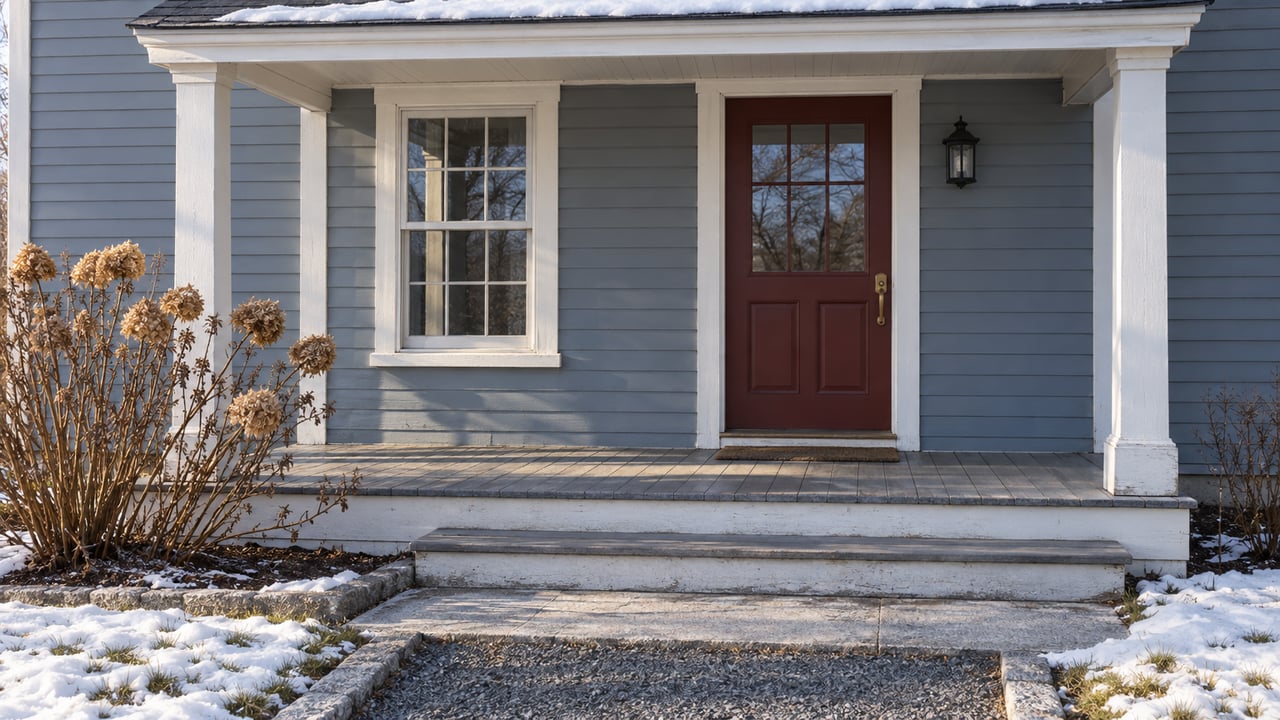 Slate-blue clapboard home with a red glazed front door, white porch posts, worn gray steps and light snow beside a stone approach.