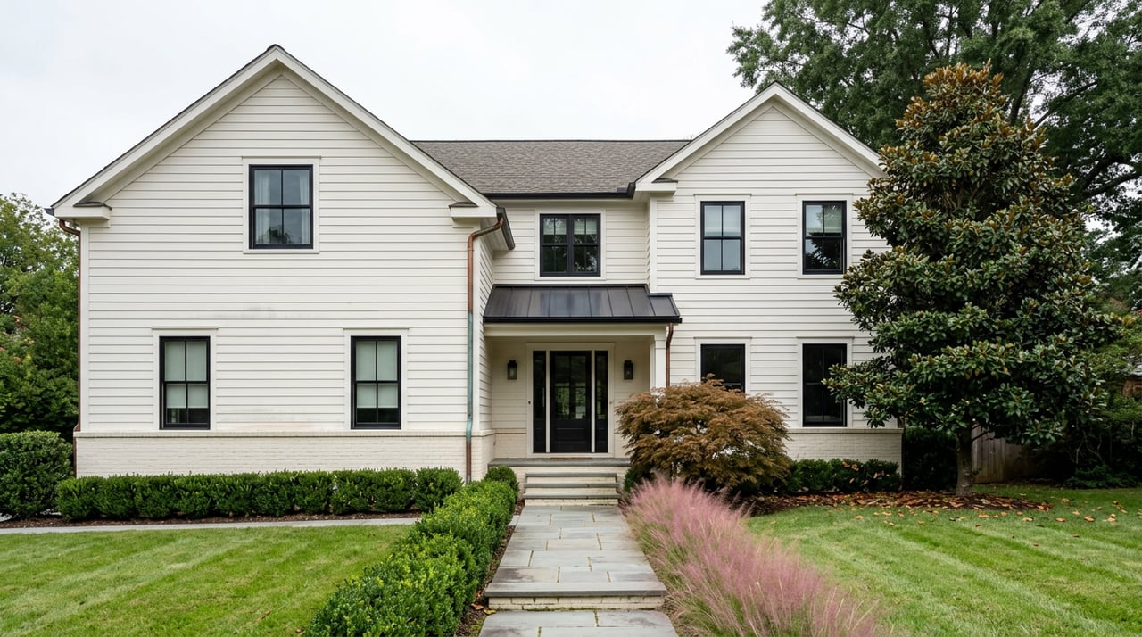 Two-story white home with paired front gables, black-framed windows, and a bluestone walkway across the lawn.