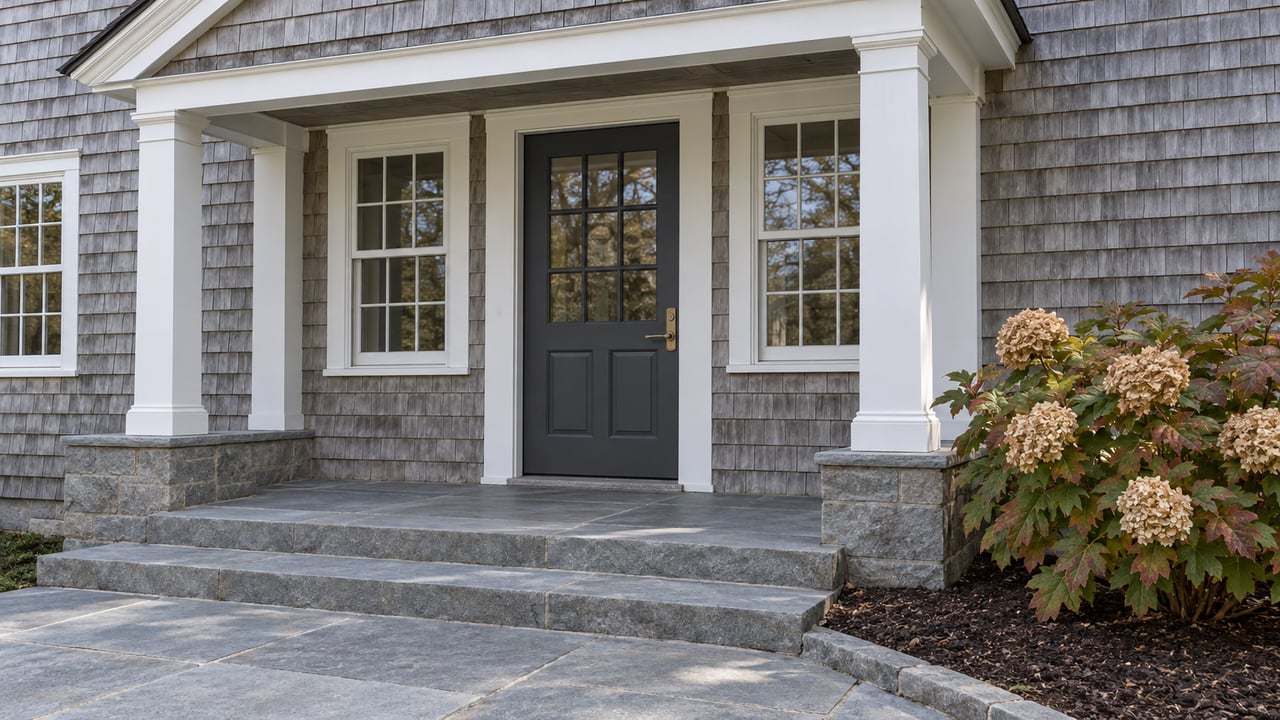 Weathered cedar-shingle entry with white porch posts, a charcoal glazed door, sandstone steps and an autumn oakleaf hydrangea.