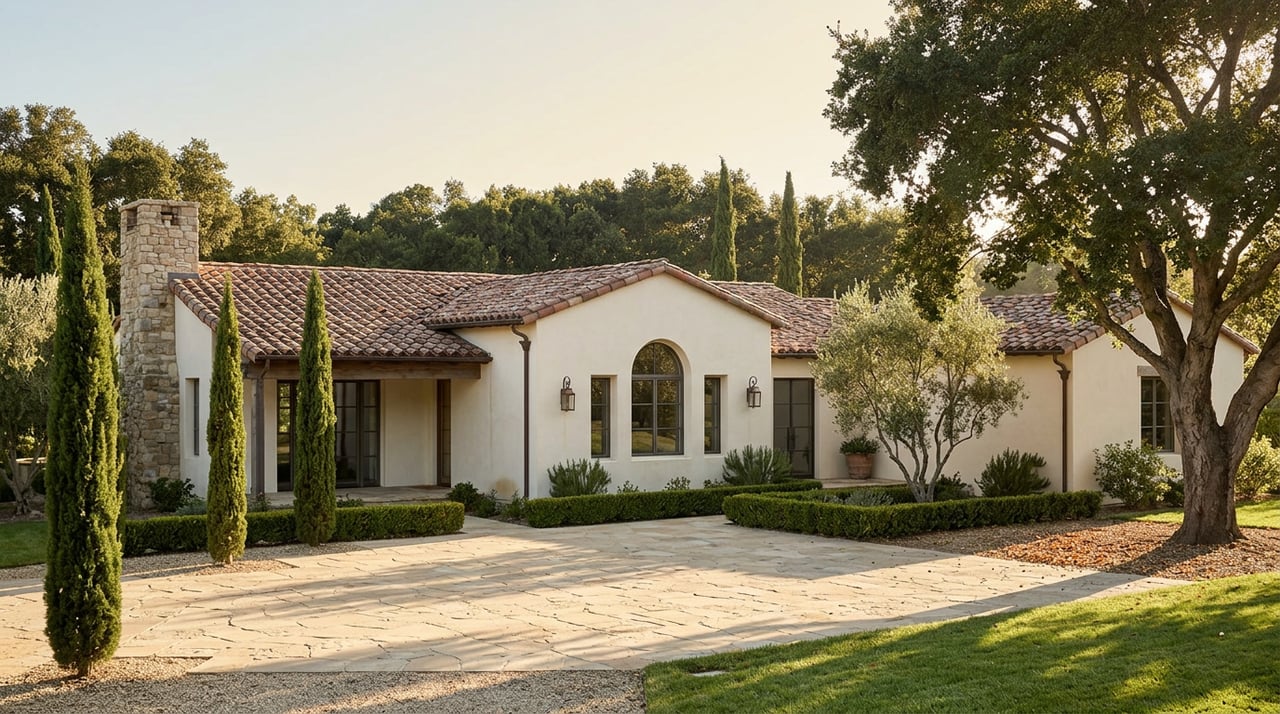 Ivory stucco estate with a tiled roof, stone chimney, arched window, and flagstone motor court beneath mature trees.
