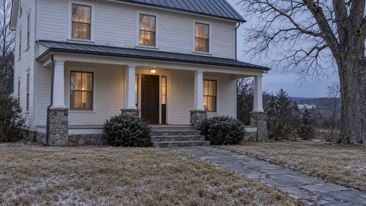 Ivory clapboard house with a covered timber porch, worn stone path and frosted winter lawn beneath a bare maple at blue hour.