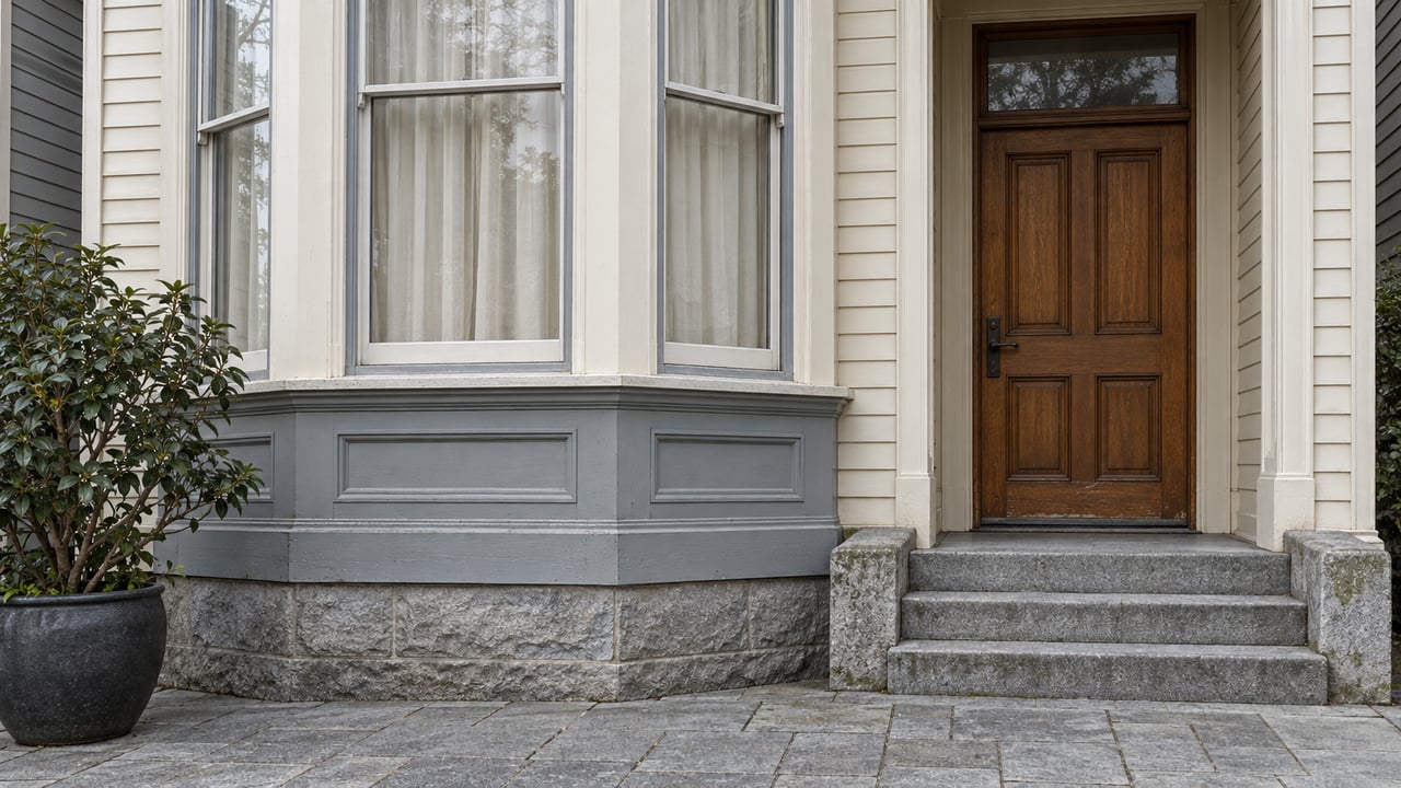 Ivory timber bay windows beside a recessed oak entrance, worn gray stone steps and one potted camellia in soft morning daylight.