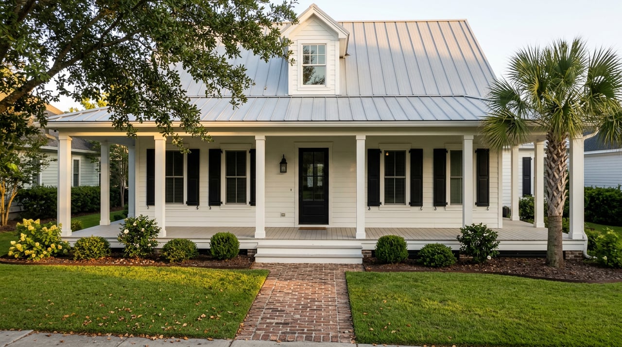 White two-story home with gray metal roof, wraparound porch, and brick walkway across a manicured lawn