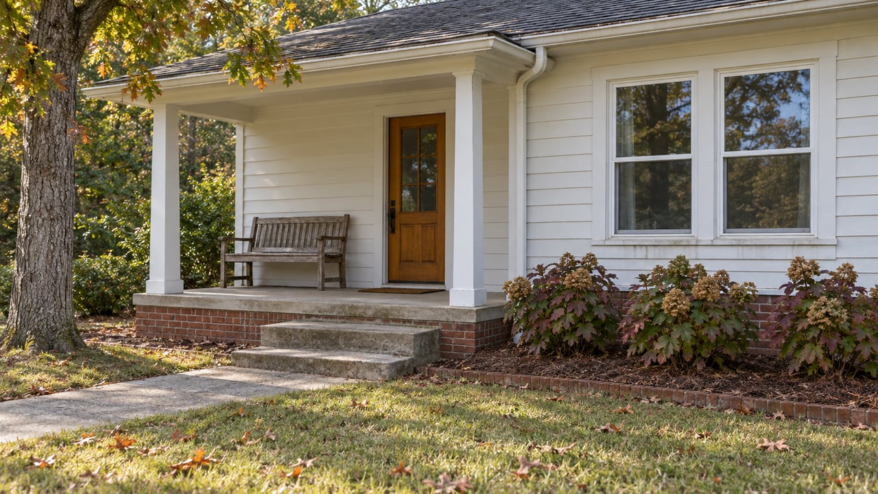 White clapboard home with a brick foundation, concrete porch steps, oakleaf hydrangeas and an autumn lawn.