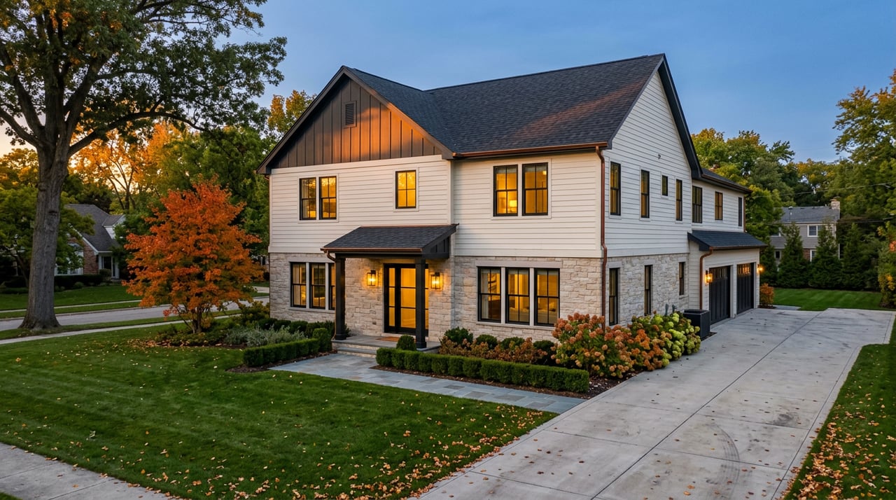 Two-story farmhouse with black-trimmed windows glowing warmly, beneath an orange-red maple at dusk.