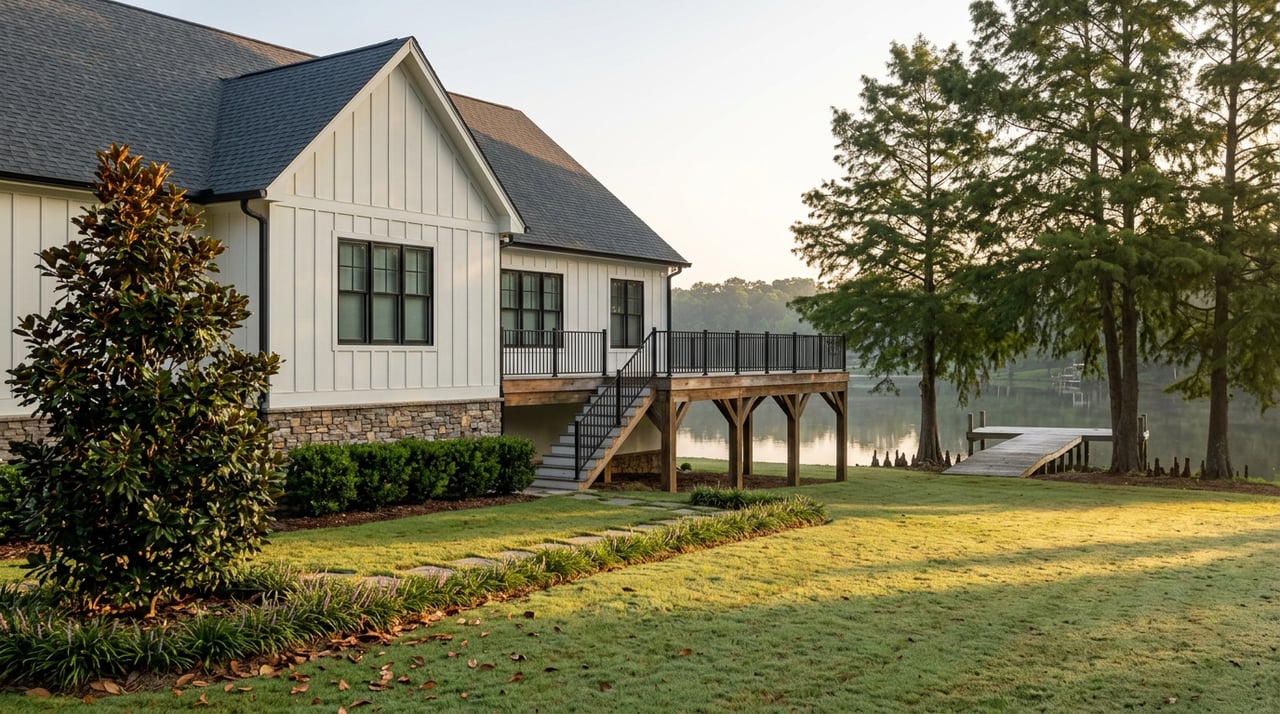 White two-story lakefront home with an elevated deck, stone path, magnolia tree, and lawn