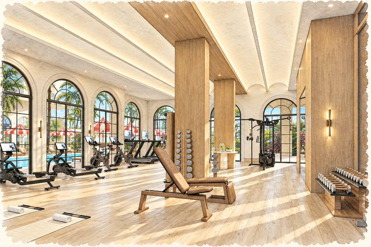 Fitness center with cardio machines, weight equipment, and arched windows overlooking a pool and palm trees.
