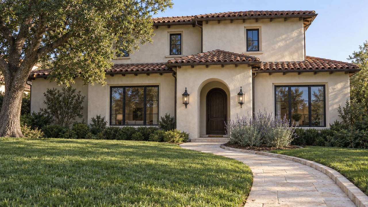 Morning light on an ivory stucco home with a clay-tile roof, arched entrance and limestone walk across a deep lawn.