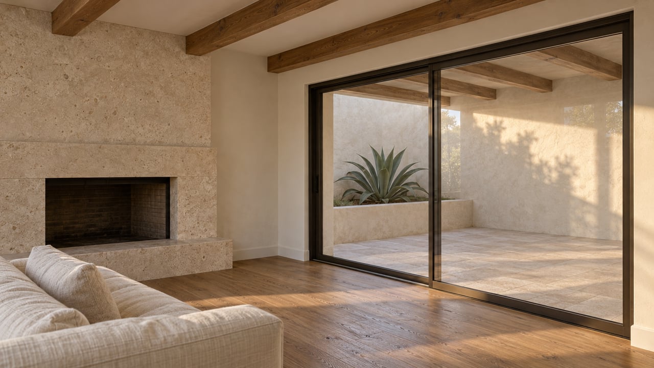 Living room with a limestone fireplace, timber ceiling beams, and sliding glass doors opening onto a covered patio.