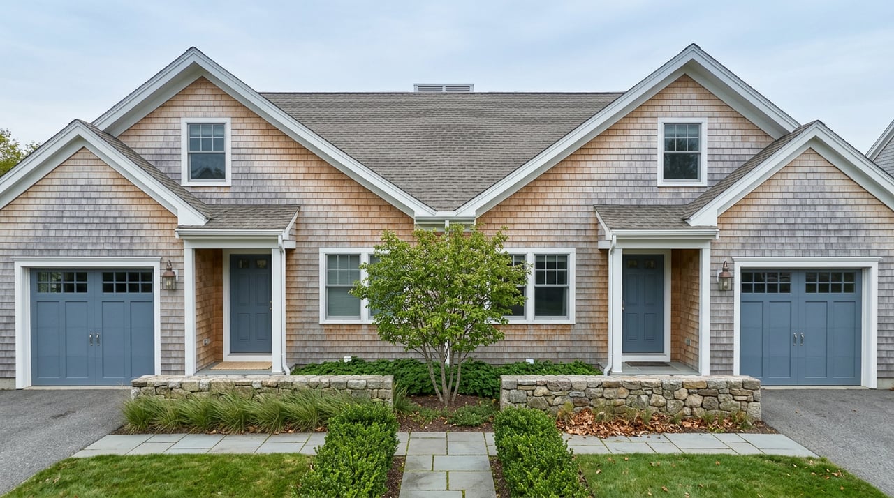 Paired gray-shingle townhomes with slate-blue garage doors, fieldstone foundations, and a paver walkway.