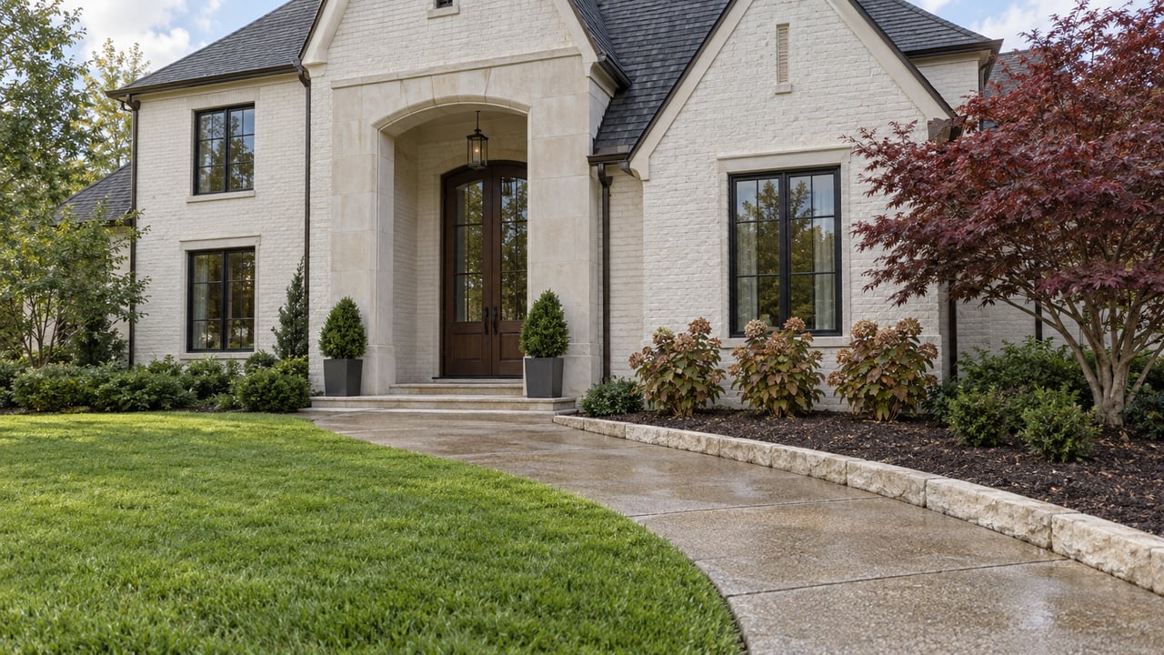 Painted-brick home with a limestone-framed oak entry, black windows, a broad lawn and a curved concrete approach beside autumn planting.