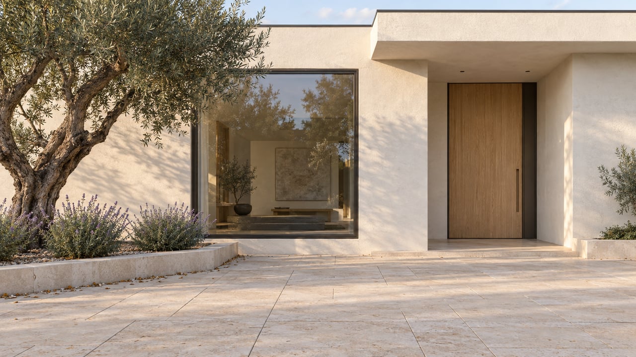 Off-white stucco estate facade with a recessed oak door, broad dark-framed window, limestone court, and olive tree.